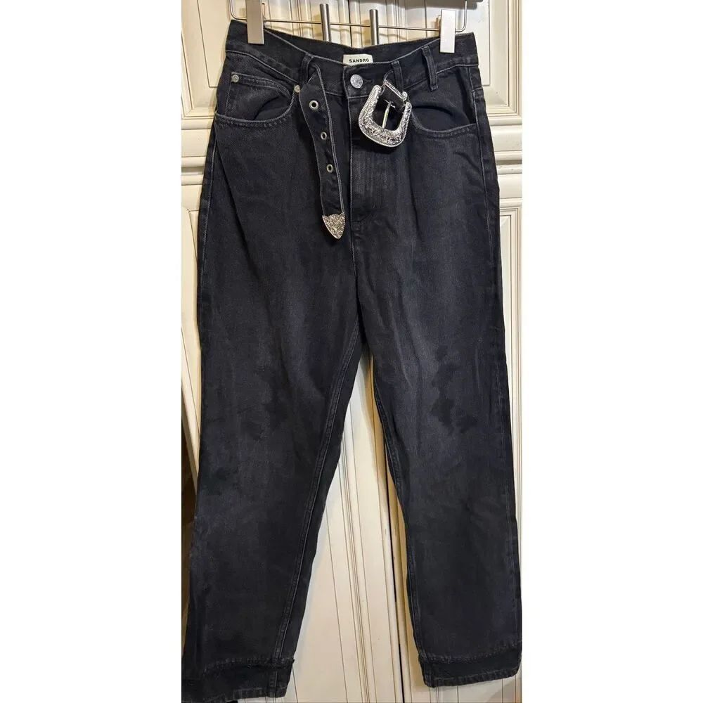 Sandro Paris Womens High Rise Nori Denim Jeans With Western Belt Black Sz 36 NWT